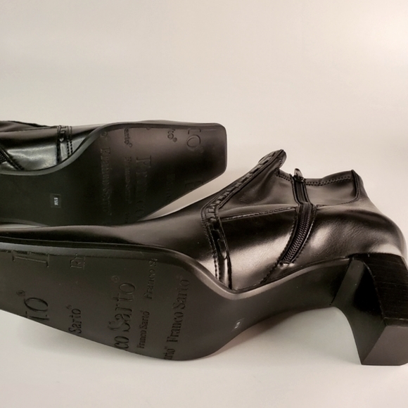 Franco Sarto Black Leather Square Toed Heeled Ankle Boots - Picture 16 of 16